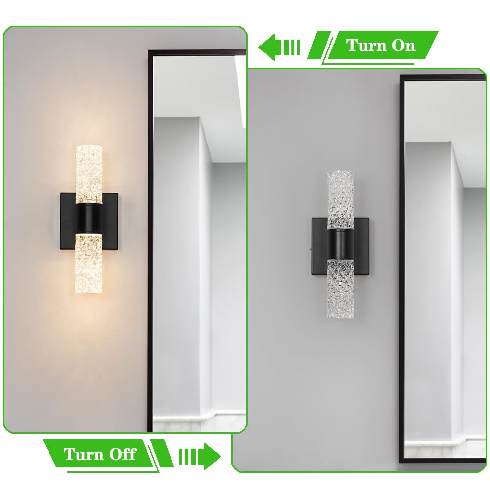 Ditoon Black Sconces Wall Decor Set of 2, Crystal Bathroom Vanity Light Fixture, Modern Hardwired Wall Sconce Light Over Mirror, LED Sconces Wired for Bedroom Hallway Stairwells