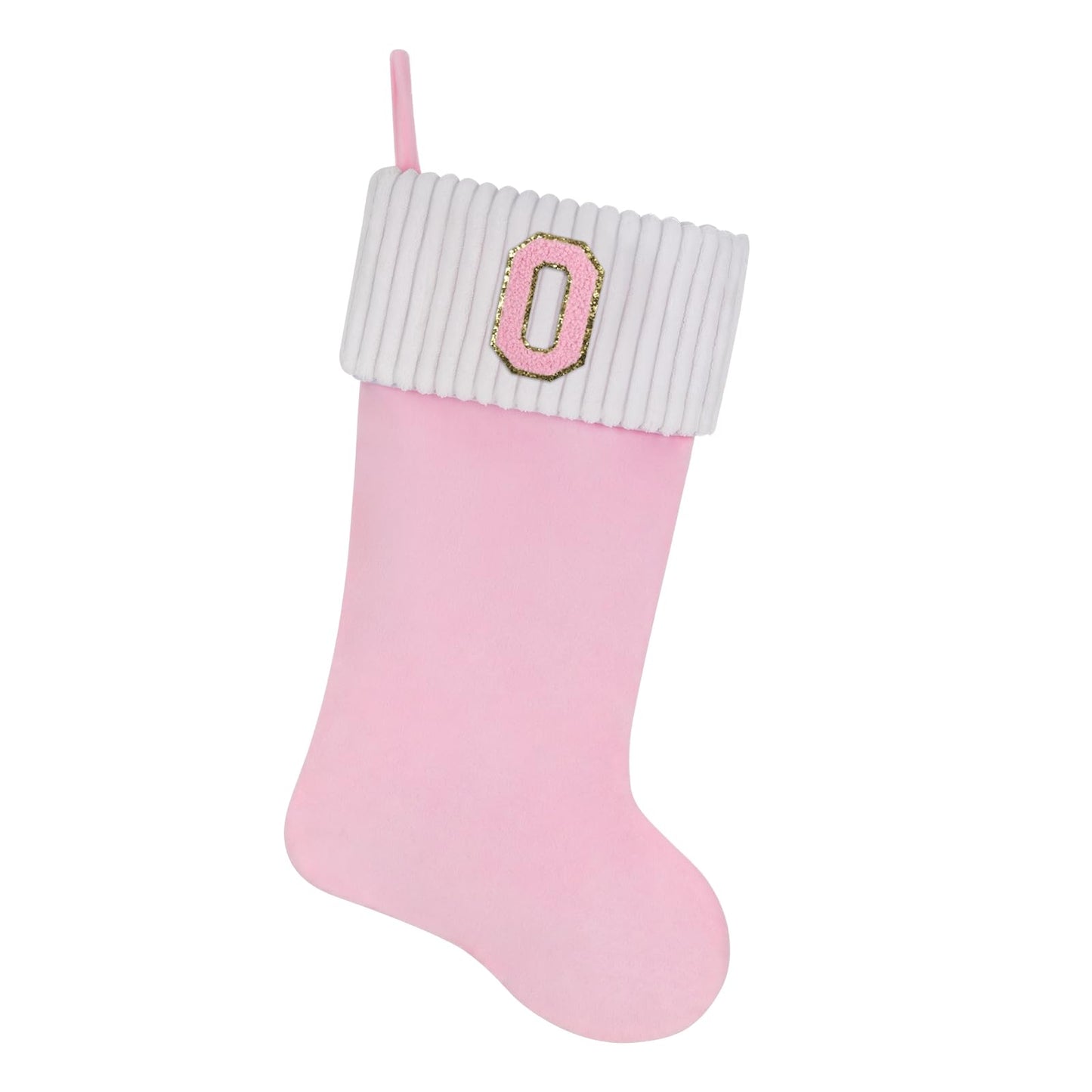 Shgngle 20 Inches Letter Embroidered Christmas Stocking,Personalized Pink Velvet Christmas Stocking,Family Holiday Decorations and Xmas Gift(O)