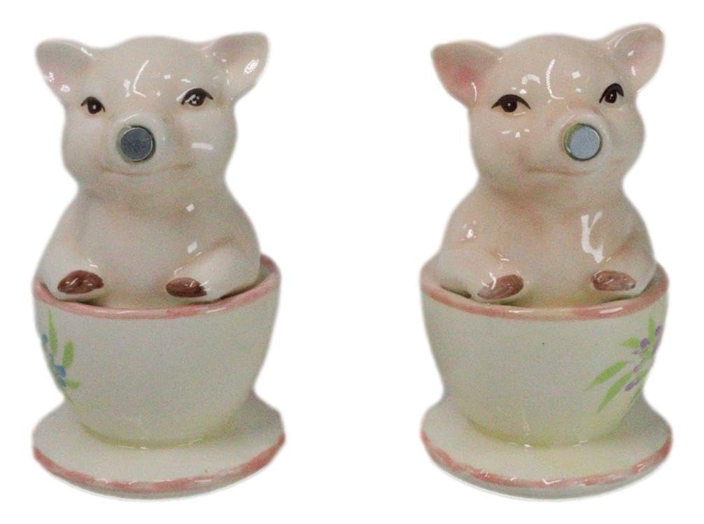 Ebros Ceramic Pastel Pink Adorable Tea Cup Pigs In Miniature Teacups Kissing Salt And Pepper Shakers Set Valentines Love Porky Pig Themed Figurines Party Kitchen Collectible Decorative Accents