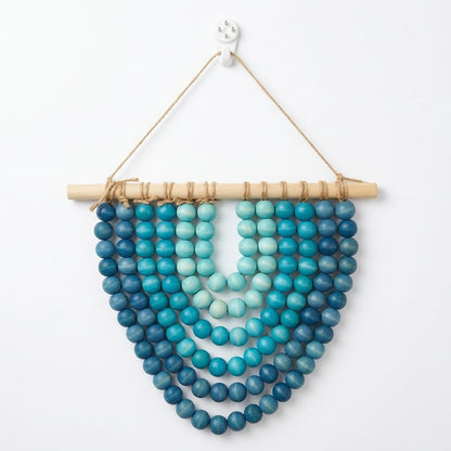 Boho Wooden Bead Garland Wall Hanging Tapestry Ombre Gradient Blue Handmade Wood Beaded Wall Art Natural Theme Coastal Wall Decor for Living Room Bedroom Entryway Apartment Dorm Home Office Decoration
