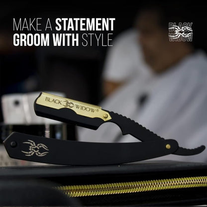 Black Widow Razor, Professional Straight Razor for Men, Safety with 10 Pack Blades (1.5mm Exposure) (Gold)