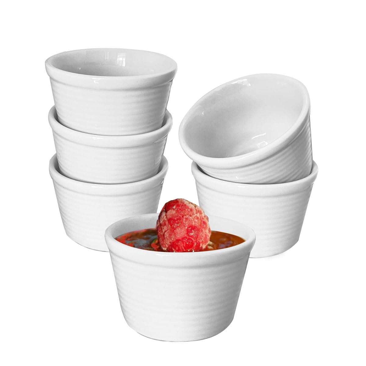 TANZOIJI Ceramic Ramekins Set of 6, 4 oz White Porcelain Creme Brulee Dishes, Round Oven Safe Custard Cups for Baking, Pudding, Souffle, Dipping Sauce