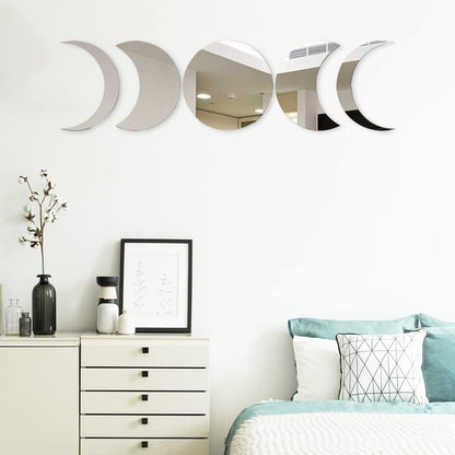 5pieces Moon Phase Mirror Set Wall Decor, Unbreakable Acrylic Self-Adhesive Bohemian Moon Mirror Wall Stickers, Scandinavian Style Aesthetic Home Decor for Bathroom Living Room Office Apartment Dorm