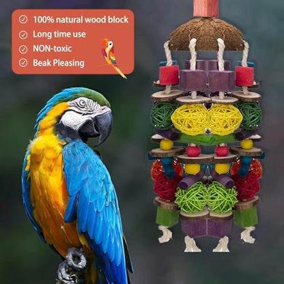MQUPIN Large Parrot Toys 22 Inch Chewing Parrot Toy Upgraded,Parakeet Cage Bite Toys,Hanging Multicolored Natural Wooden Quaker Parrot Toys African Grey for Large Parrot (Colourful)