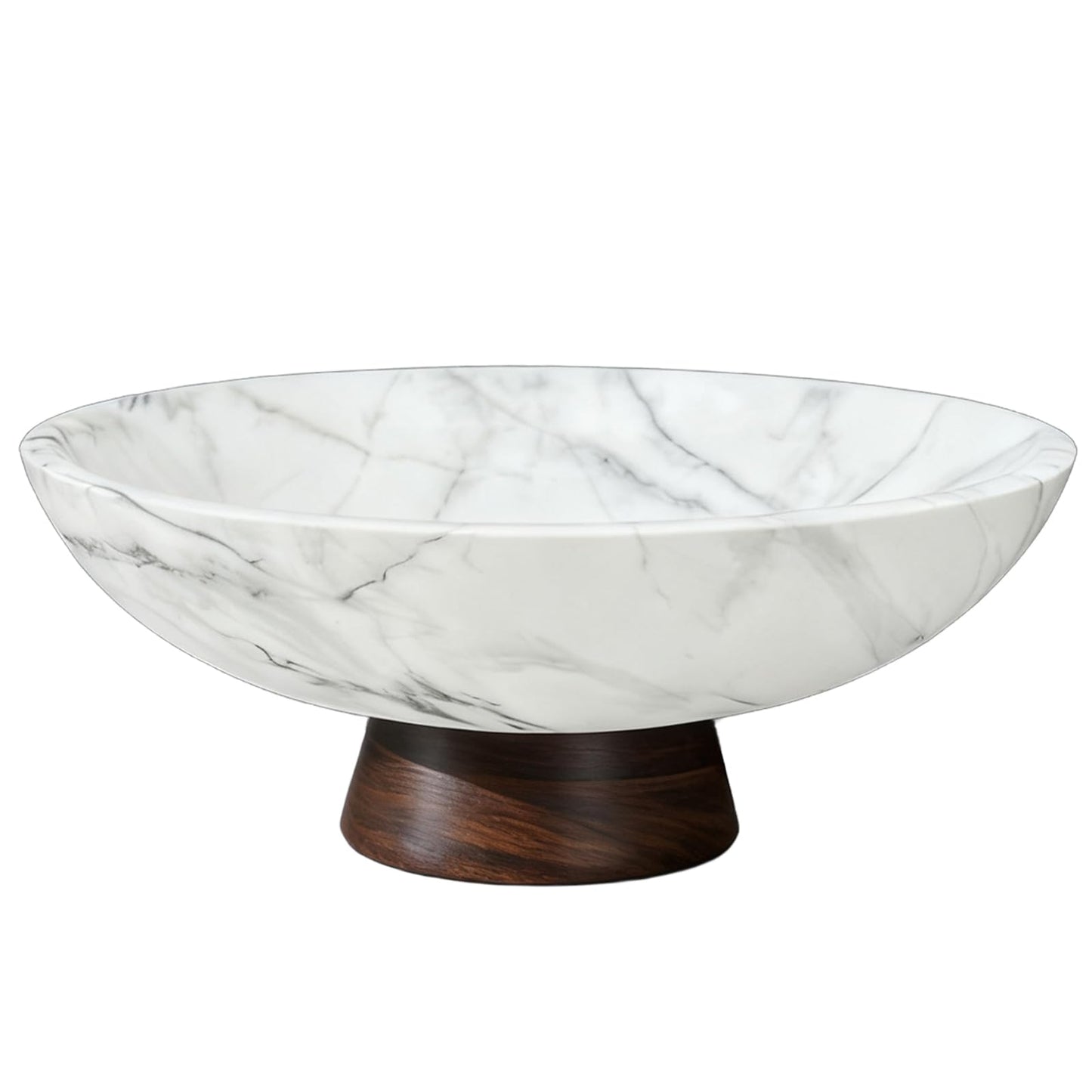 LFLKPY White Marble Texture Decorative Bowl with Acacia Wood Base – 11" Modern Pedestal Fruit Bowl for Table Centerpiece, Entryway or Kitchen Décor