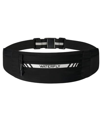 WATERFLY Running Belt Fanny Pack: Slim Breathable 4 Pocket Waist Bag for Men Women Sport Workout Exercise Fitness Phone Holder - Runner Marathon Jogging Waistband Fits ALL Phones Black