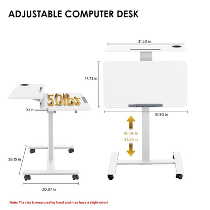 TecbL Pneumatic Standing Desk with Wheels - Adjustable Height 28" - 46" & 0-90° Tilt, 31.5" x 17.7" Skin-Feel Desktop, Rolling Computer Desk for Home Office, Hospital, School (White)
