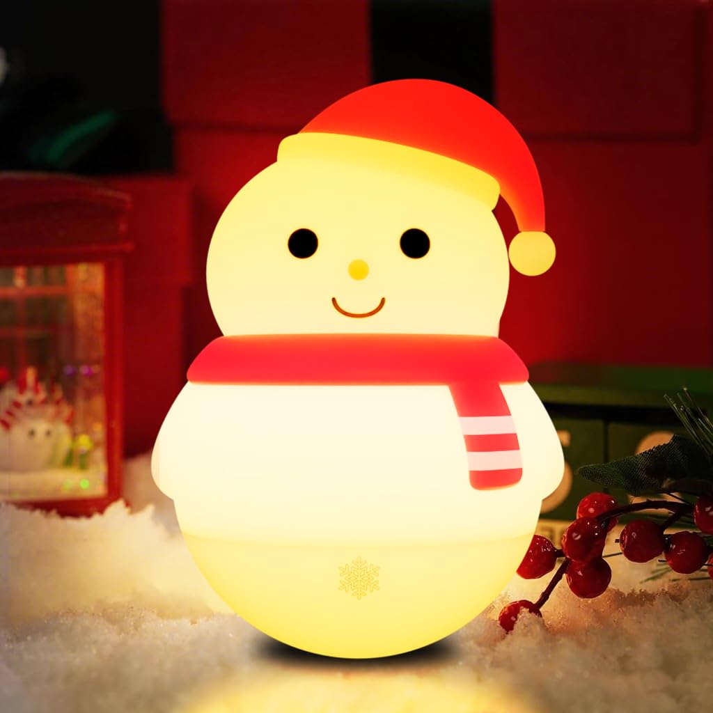 Colorful Life Snowman Silicone Night Light, Rechargeable Pat-Activated LED Lamp, Soft Ambient Bedside Light for Kids Bedroom & Nursery, Cute Ideal Gift for Christmas & Holidays