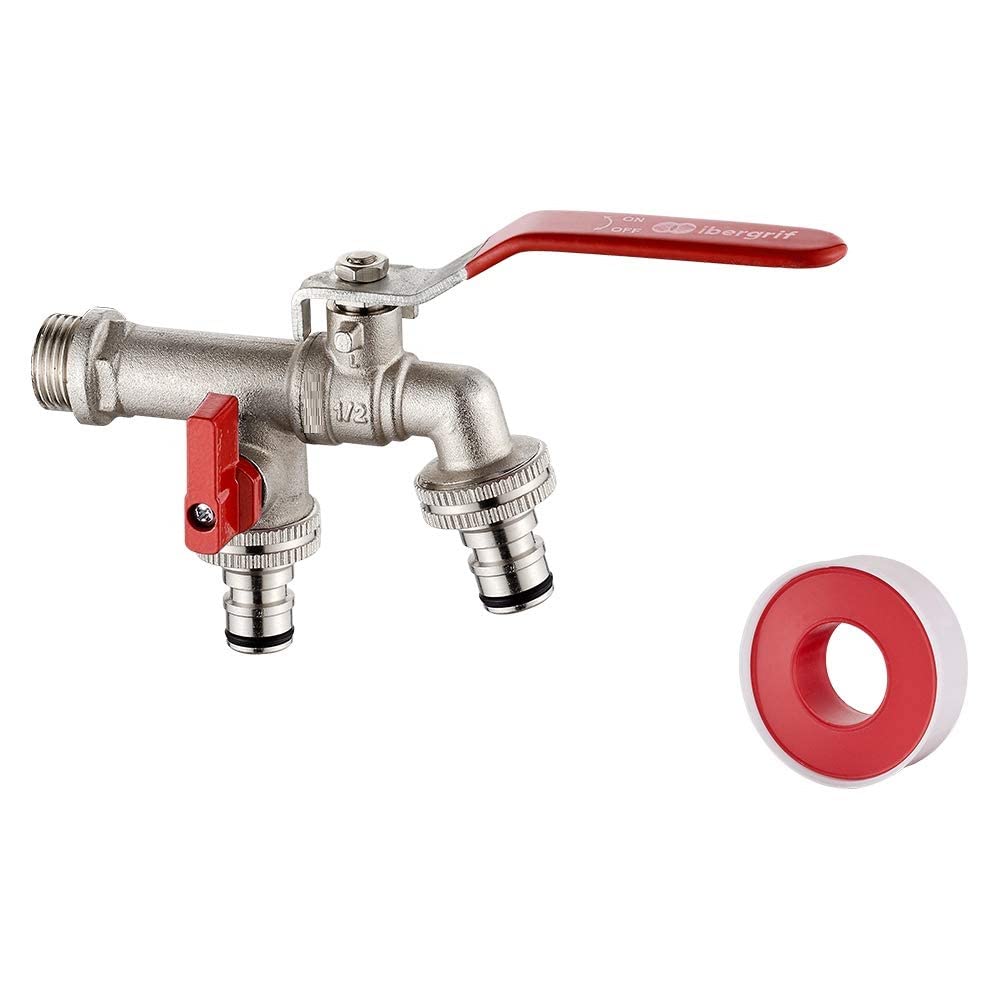 Ibergrif M22203 Double Garden Tap with Connector, G1/2 Inch Inlet and Two G3/4 Inch Outlet Outside Taps, Antifreeze -10 ℃, High Temperature Resistance 120 ℃ Double Tap Ball Valve Outside Faucet