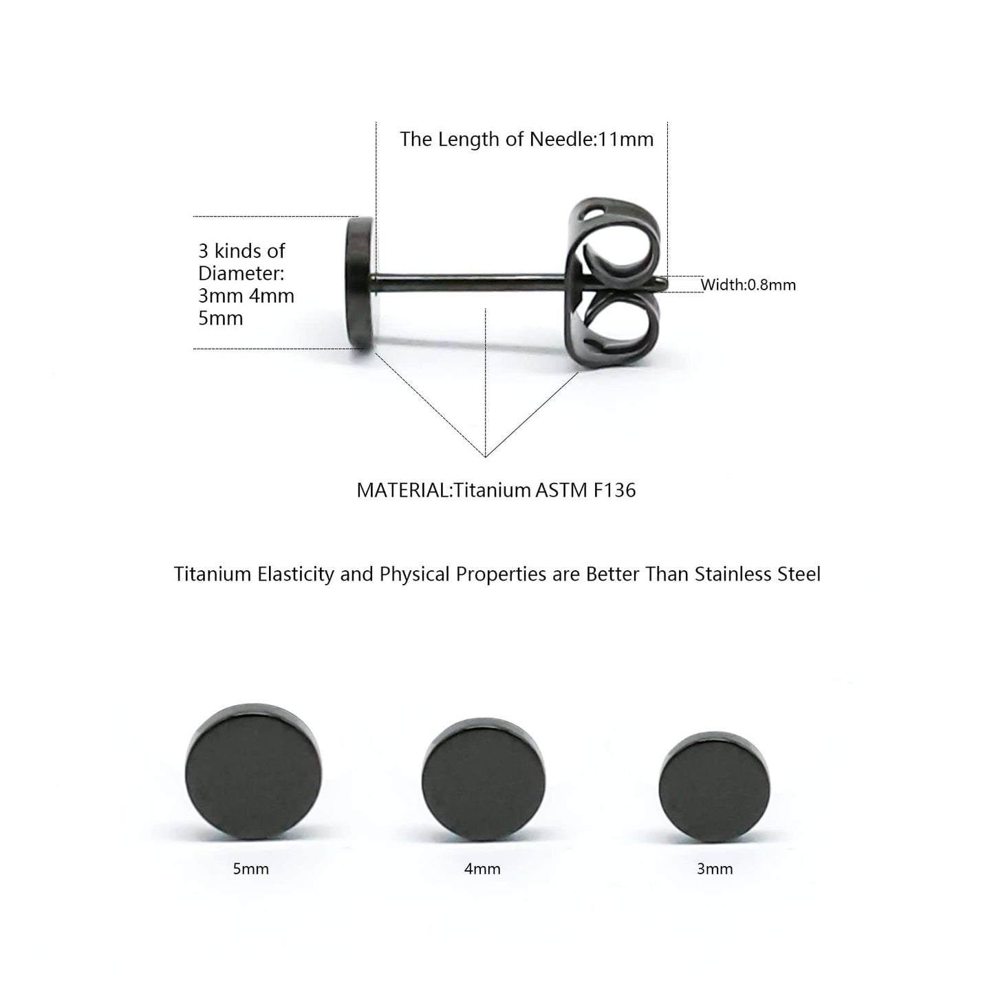 Artskin Titanium Flat Dot Stud Earrings for Women Men Girls Hypoallergenic Nickel Free Earrings 5mm Black Round Disc Earrings for Sensitive Ears (5mm, Black)