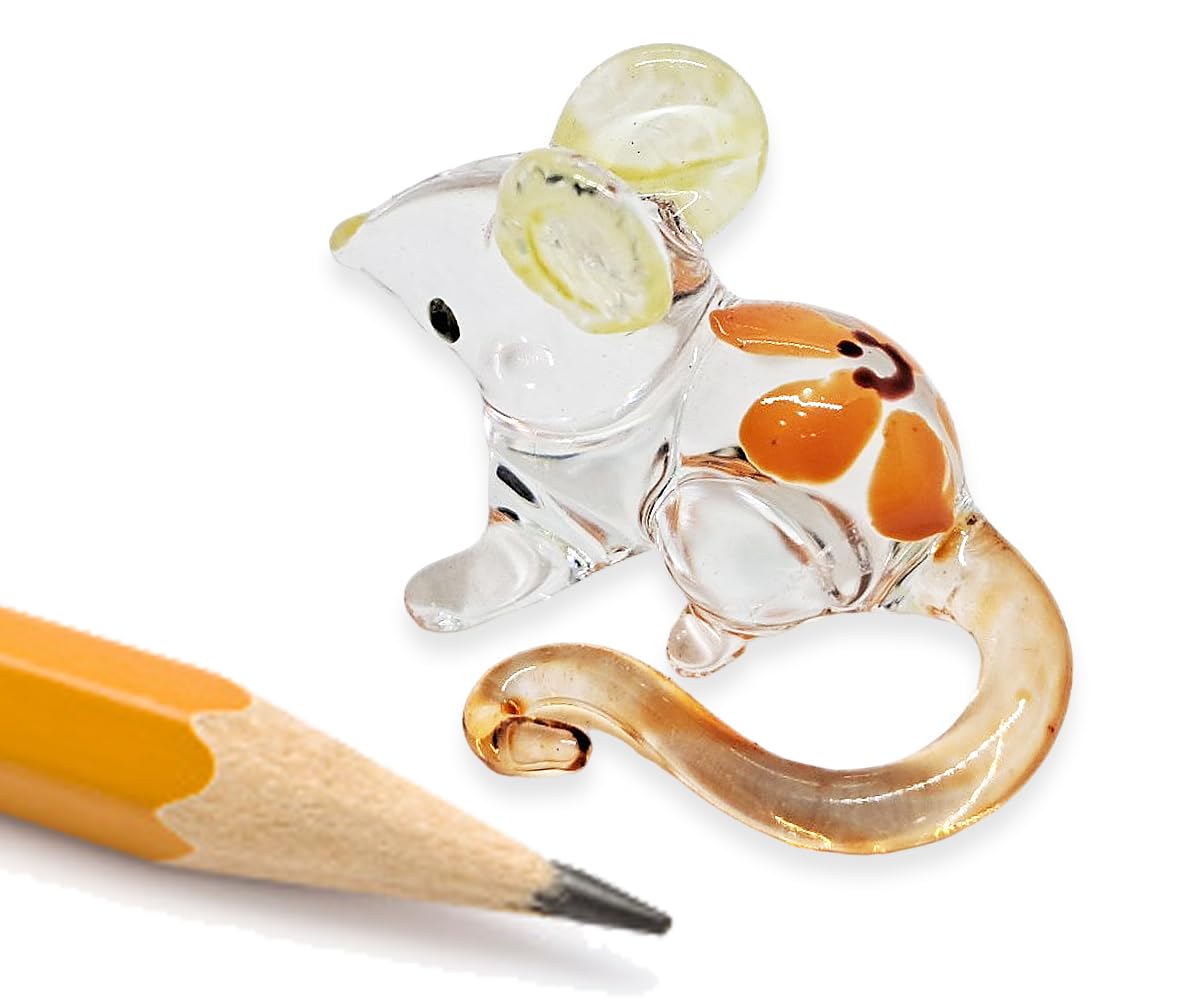 WitnyStore Tiny 1⅜" Clear Mouse Yellow Flower Figurine - Miniature Hand Blown Painted Glass Mice Rat Shrew Rodent Small Crystal Animals Cute Decorative Figures Collectible Figurines Home Décor Gifts