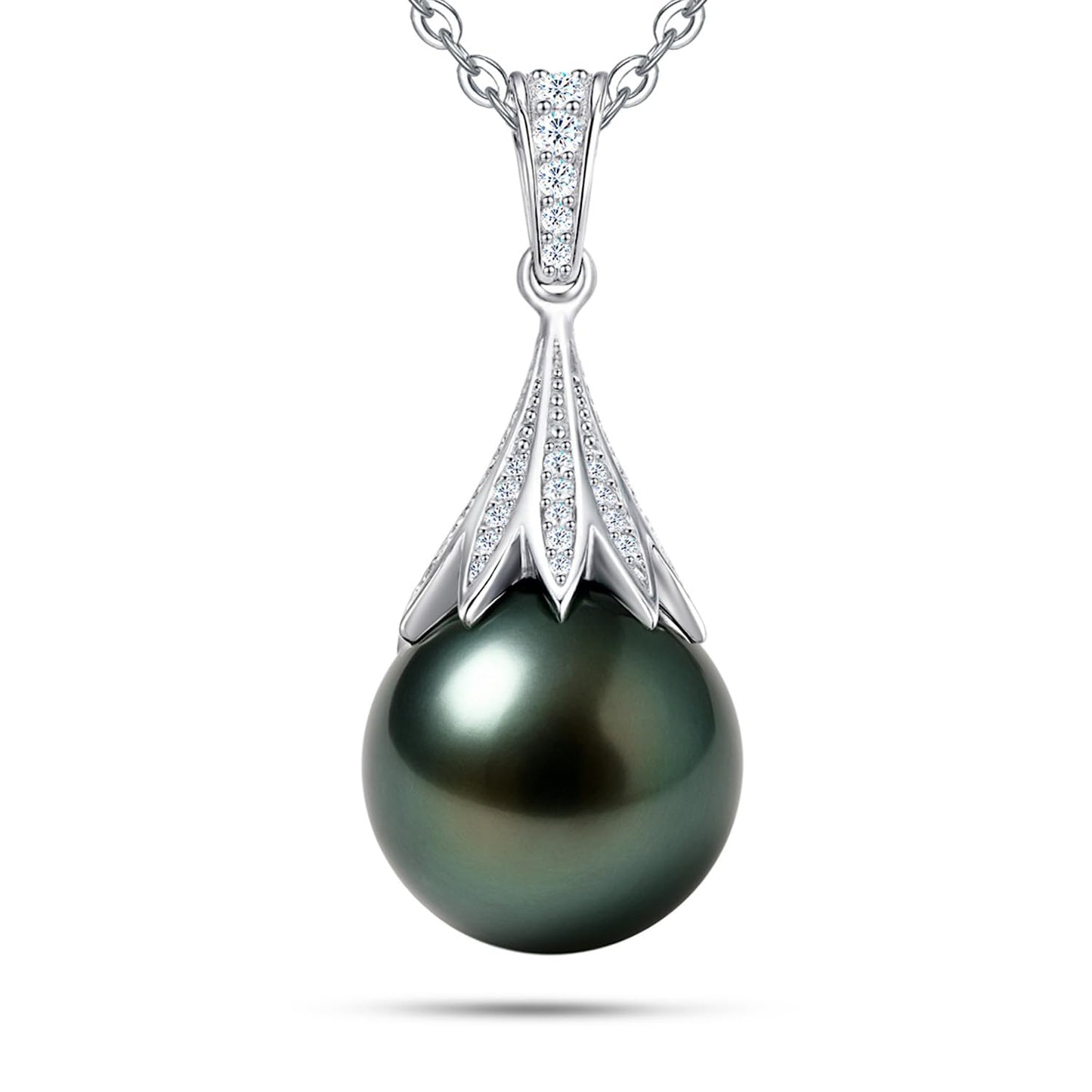 Natural Tahitian Black Pearl Necklace 11-12mm - Christmas Gift for Women Wife, Mom, daughter, Jewelry Gifts for Wedding Anniversary Birthday, Seawater Pearl with Sterling Silver Moissanite Pendant