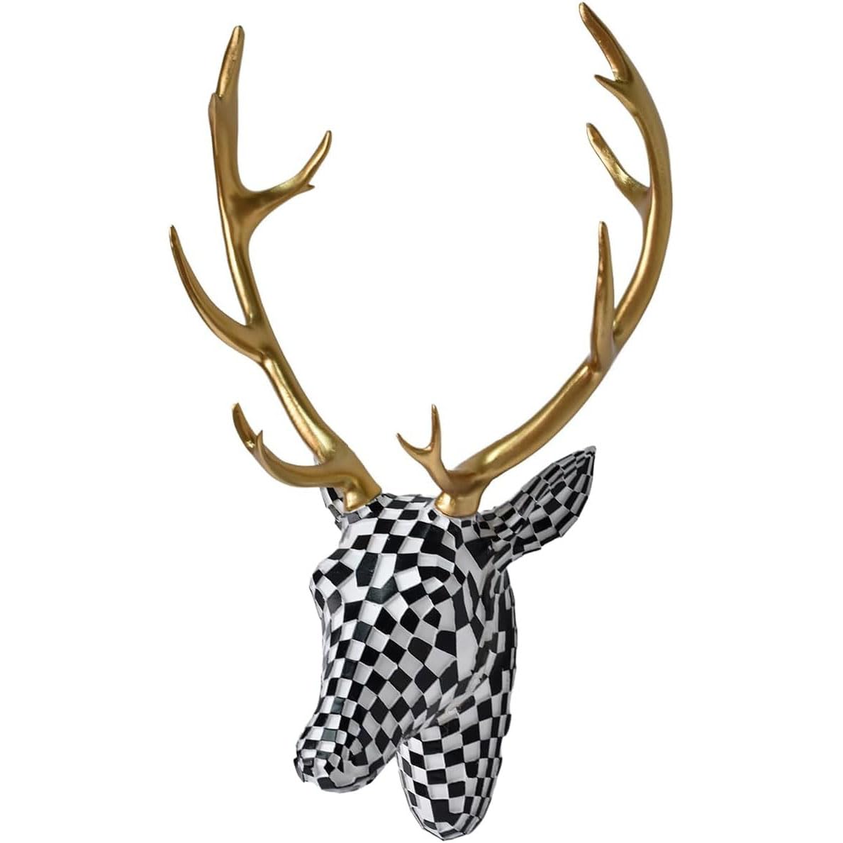 XYZWOMN Deer Head Wall Decor, 15.7 Inch Faux Resin Animal Head Wall Mount with Gold Antlers, Modern Mosaic 3D Wall Art Sculpture for Living Room Bedroom Home Decoration, Black and White