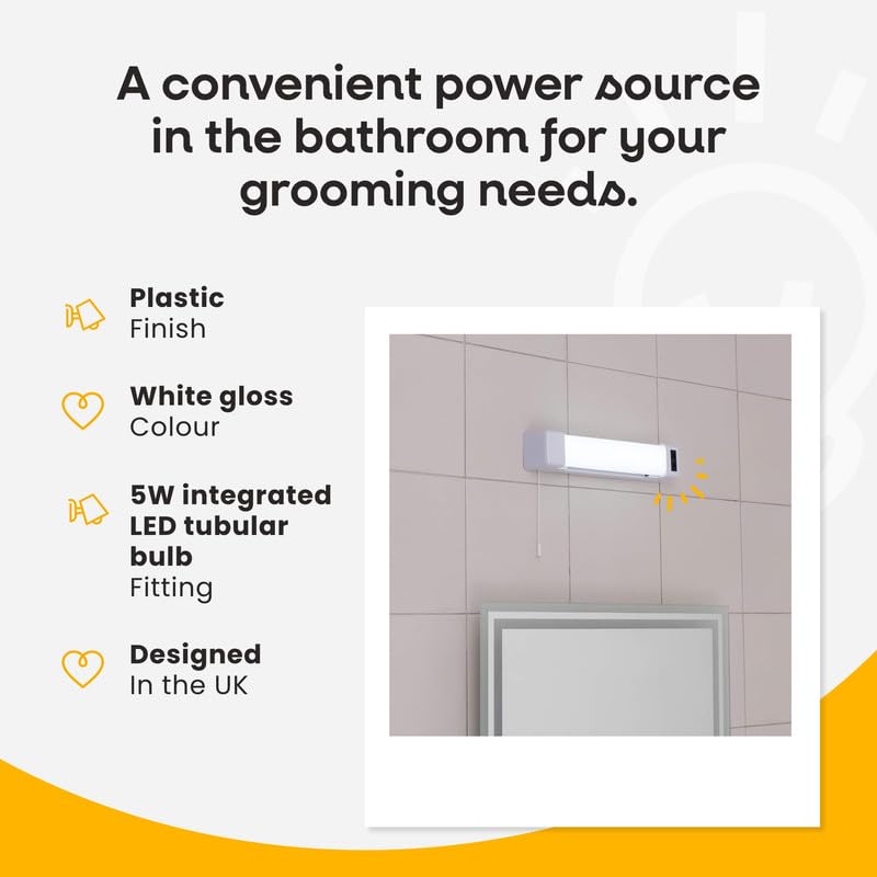 MiniSun | Modern Gloss White 5W LED Wall Light with Shaver Socket and Pull Switch | Bath Wall Lights, Home Décor & Improvement Essential | Includes Integrated 5W LED Bulb
