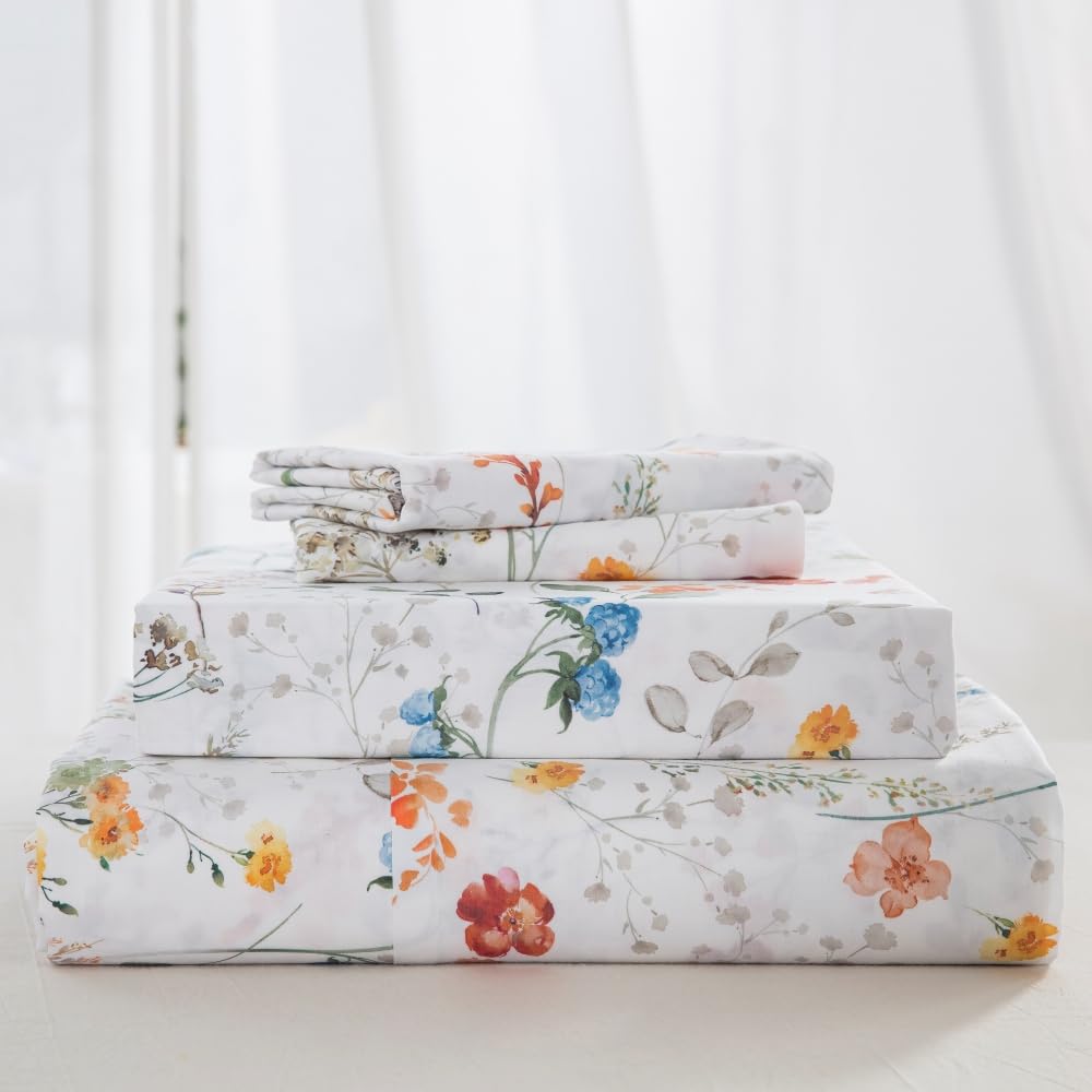 DAUAOTO King Size Printed Sheets Set, 100% Cotton Bedding Sets, Up to 14" Deep Mattress, Farmhouse Pattern Bedlinen Set, Botanical Garden