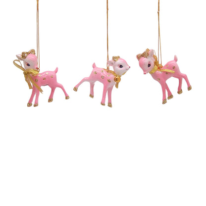 Pink Retro Reindeer Christmas Ornaments, Small Hanging Festive Ornaments, Unique Holiday Reindeer Decor, Set of 3