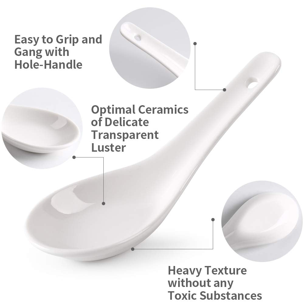 HAPPY KIT Asian Soup Spoons Set of 12, Ceramic Ramen Spoons Set Proper for Corelle Pho Miso Wonton Ramen Dumpling Macaron Dishwasher & Oven Safe