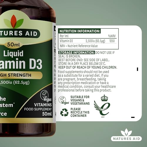 Natures Aid Vitamin D3 Liquid 2500iu 50ml – High Strength Cholecalciferol Vit D Drops – Bone & Immune Support – Vegan, Non-GMO, Gluten-Free – Natural Supplement Includes Dropper