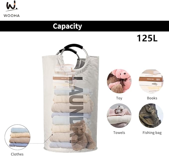 WOOHA 125L Large laundrybasket, Collapsible laundry hamper, Tall Clothes