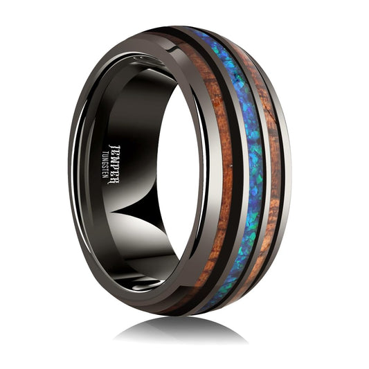 JEWPER 8mm Men Womens Wedding Band Tungsten Rings dark gun black Fashion Promise Carbide Inlaid blue opal koa Matte Finish Edge Comfort Fit Size(12)