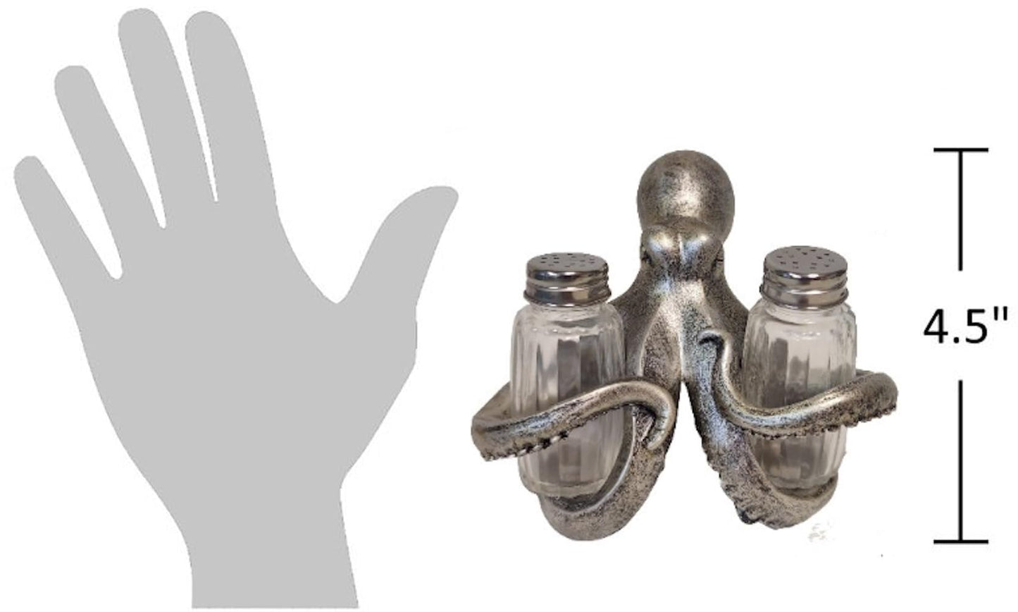 The Bridge Collection Octopus Salt and Pepper Shaker Holder Set - 3 Piece Set - Octopus Kitchen Items - Fun Salt and Pepper Shakers for Beach, Nautical, or Coastal Decor