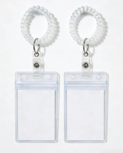 2Pack Wrist Coil ID Badge Holder with Stretchable Spiral Wristband Key Ring, Vertical PVC Credit Card Holders