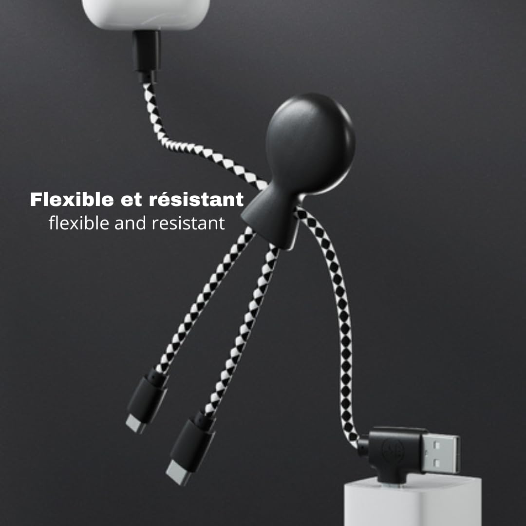 Xoopar Multi USB Cable 4 in 1 - Universal Charger Made from Recycled Plastic - USB, USB-C, Lighting, Micro USB Ports - Compatible with All Smartphones Mr Bio White Octopus