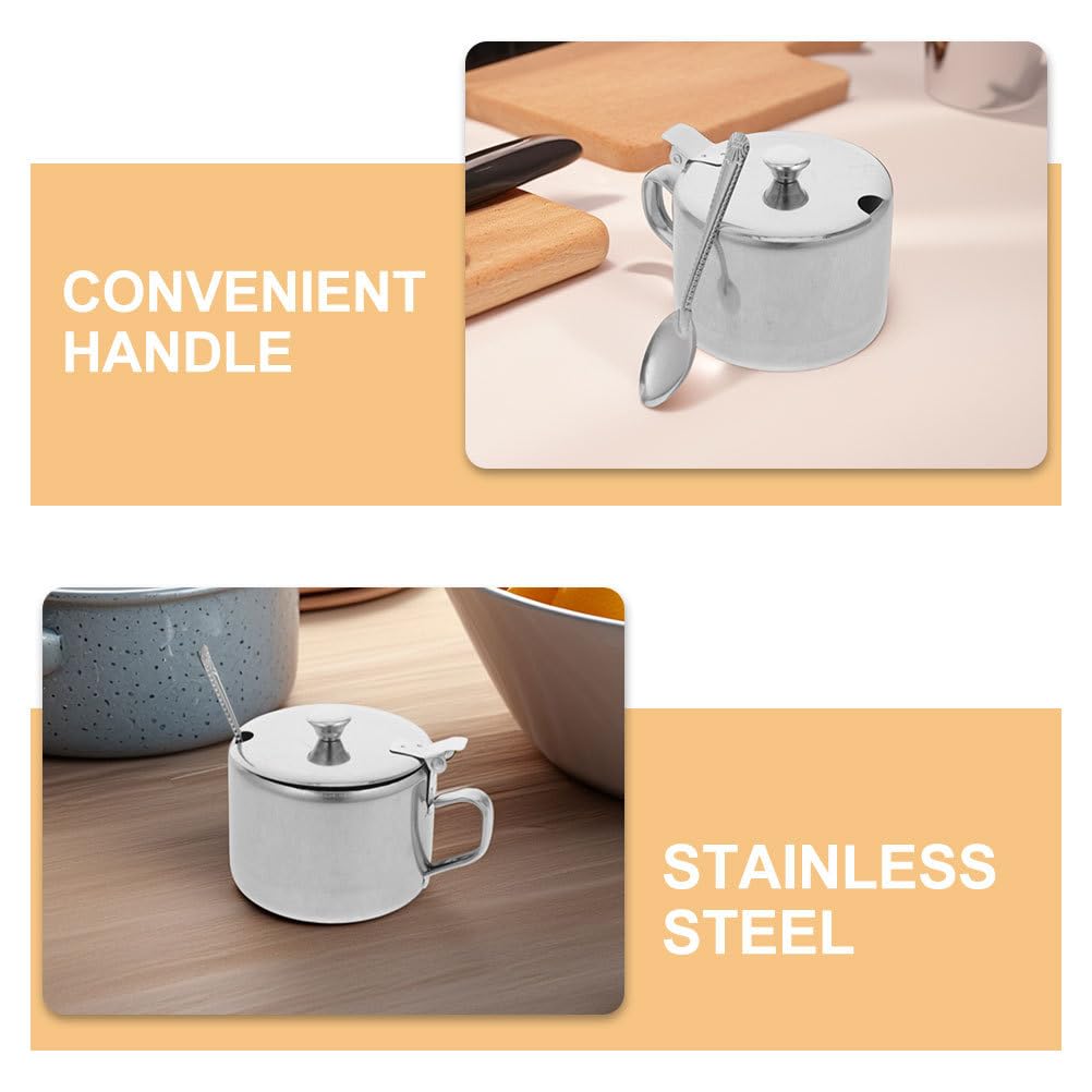 Healvian Stainless Steel Sugar Bowls Set of 3 with Lids and Spoons Multipurpose Kitchen Condiment Containers for Sugar Salt Pepper Spice Storage with Handles 3.93X3.14X2.67 Inches