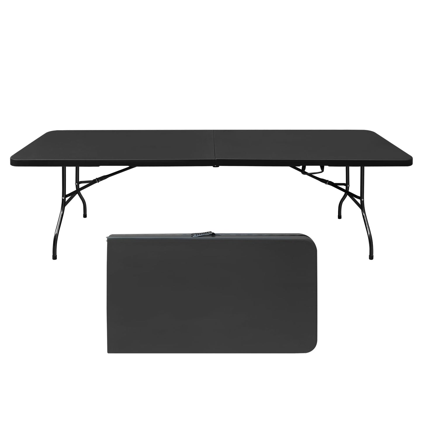SculPong 8 FT Folding Table with Carry Handle, Portable Fold-in-Half Plastic Table, Rectangle Foldable Table for Indoor/Outdoor Black