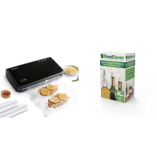 FoodSaver Vacuum Sealer Machine with Automatic Bag Detection, Sealer Bags and Roll, and Handheld Vacuum Sealer for Airtight Food Storage and Sous Vide, Black & Bottle Stoppers, 3 Pack