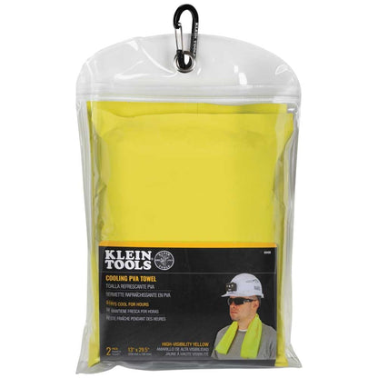 KLEIN TOOLS 60486 Cooling Towel with Evaporative PVA Technology, Comes in Resealable Bag with Convenient Carabiner Clip, Yellow, 2-Pack