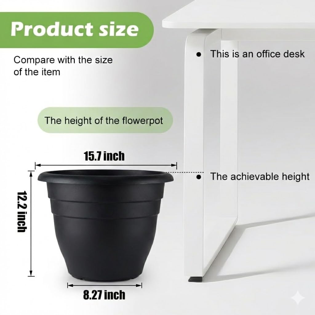 RooTrimmer 16 Inch Plant Pots Indoor Outdoor,6 Pack Black Plastic Planters with Drainage Holes,Large Lightweight Flower Pots for Indoor Outdoor Plants,Patio Garden Containers