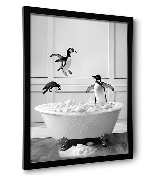 Ardakar Framed Bathroom Decor Wall Art, Black and White Bathroom Decor, Funny Wall Decoration Animal Penguin in Bathtub Posters, Cute Animal Wall Art for Kid's Room (Framed,8''x10'')