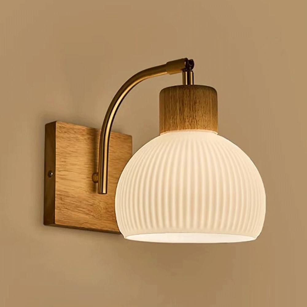 RXPVUXE Globe Milk White Glass Wall Lamp Nordic Solid Wood Wall Sconce Adjustable Bedroom Bedside Reading Lighting, Modern Retro Half Globe Wooden Home Decor Lighting Fixture for Loft Living Room