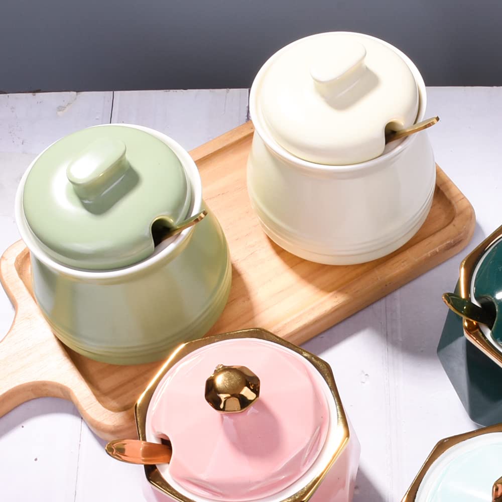 Sugar Bowl with Lid and Spoon, Ceramic Sugar Bowl,Multi-Function Sugar Container Spice Container Salt Jar Condiment Bowls Sugar Jar for Kitchen Storage Organization (Yellow)