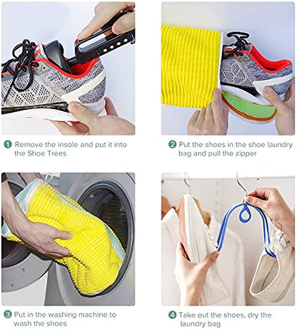Teletrogy Shoes Laundry Bag Keep Shoes Clean, Shoe Wash Bag for Washing Machine, Reusable and Durable Zipper Shoe Washing Bag, Sneaker Tennis Shoe Cleaner Kit Include Pair of Adjustable Shoe Trees