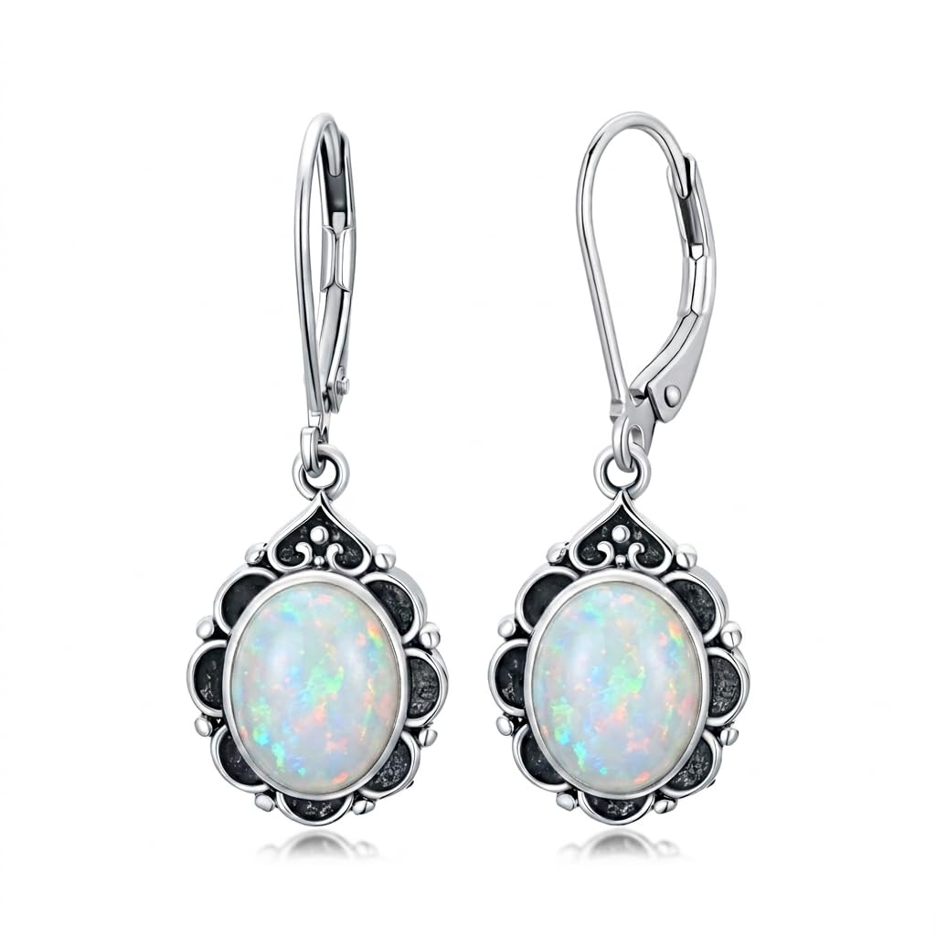 White Opal Drop Earrings for Women 925 Sterling Silver Vintage Oval 9x7mm Filigree Leverback Dangle Earrings, Gothic Victorian Antique Jewelry Gifts
