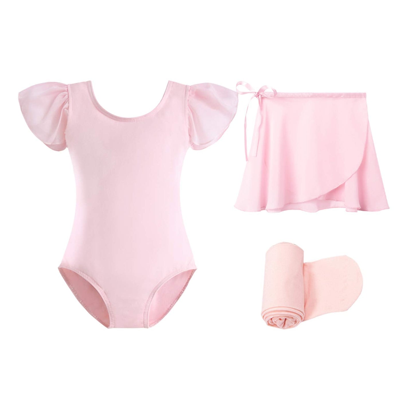 Stelle Girls Short Sleeve Dance Active Dress Ballet Leotard Combo with Dance Skirt and Dance Tight (Ballet Pink (Ruffle Sleeve), 110, 6 Years)