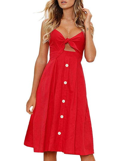 FANCYINN Womens Tie Front Dress Red Button Down Spaghetti Strap Midi Dress Christmas Red S
