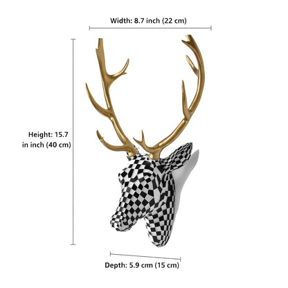 XYZWOMN Deer Head Wall Decor, 15.7 Inch Faux Resin Animal Head Wall Mount with Gold Antlers, Modern Mosaic 3D Wall Art Sculpture for Living Room Bedroom Home Decoration, Black and White