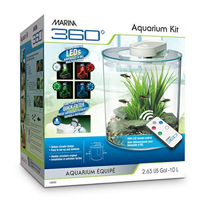 Marina 360 Aquarium with Remote Control LED Lighting, Multi-colour, 10 Litre,Blue,Green,Red
