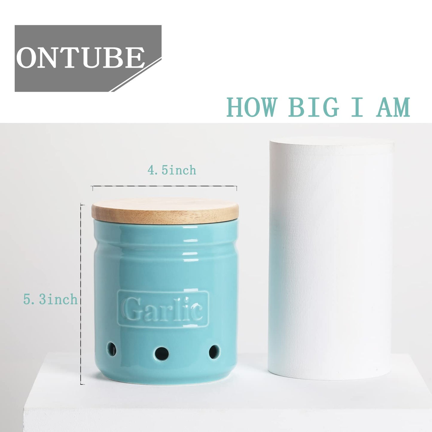 ONTUBE Garlic Keeper with Wooden Lid, 4.5-Inch Ceramic Garlic Holder 24oz (Turquoise)
