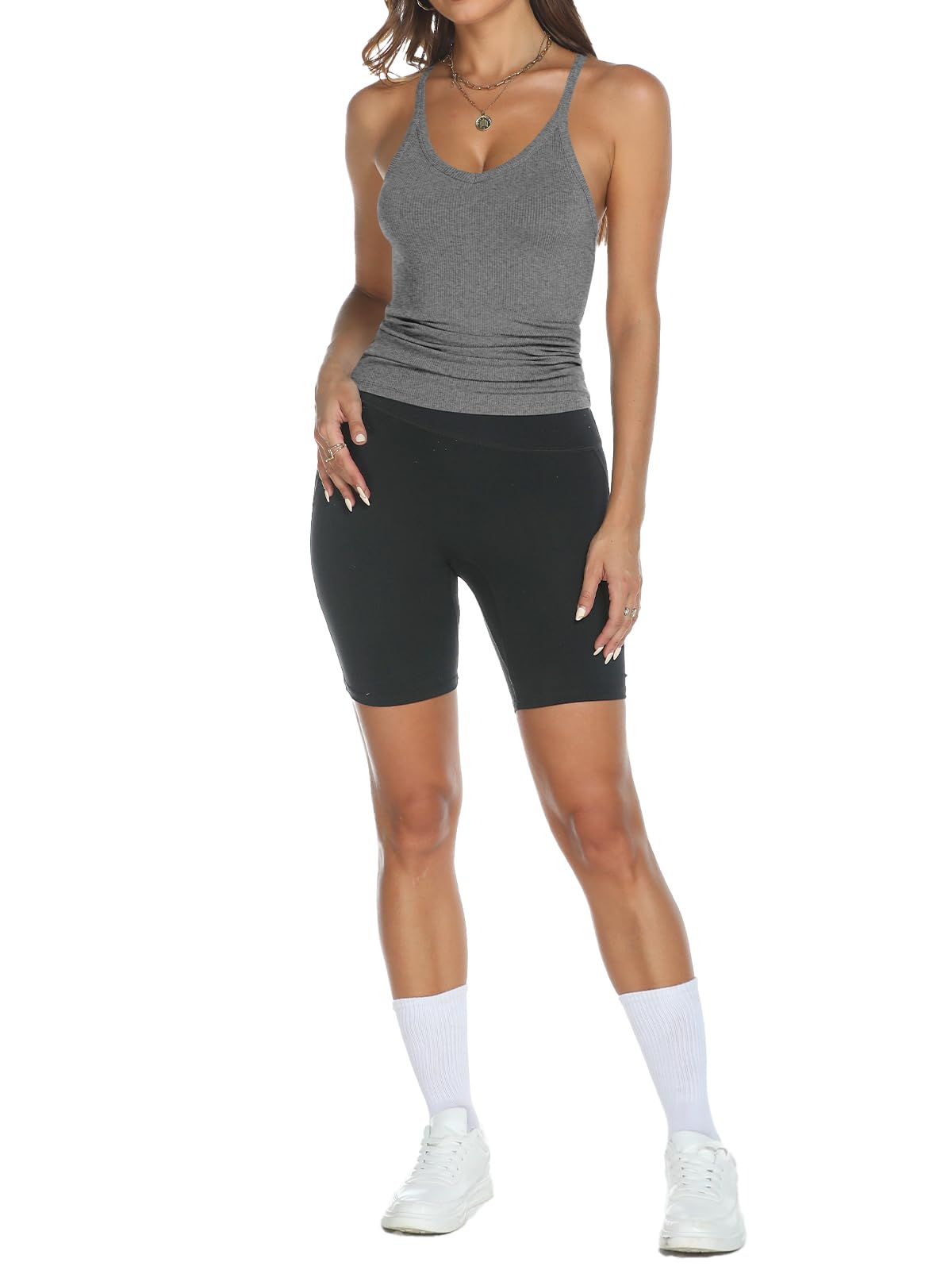 Trendy Queen Womens Ribbed Tank Tops Racerback Summer Basic Camisole V Neck Going Out Slim Fit Fashion Clothes 2024 Darkgrey S