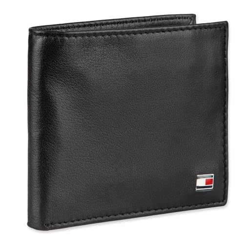 Tommy Hilfiger Men's Leather Wallet – Slim Bifold with 6 Credit Card Pockets and Removable ID Window, Dark Black, One Size