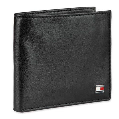 Tommy Hilfiger Men's Leather Wallet – Slim Bifold with 6 Credit Card Pockets and Removable ID Window, Dark Black, One Size