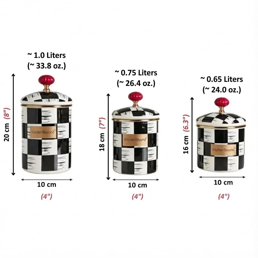 Fairturk Black and White Checkerboard Enamel Canister Set with Red Knob, 3-Piece Cylindrical Food Storage Jars, Set of 3-33/26/24 oz