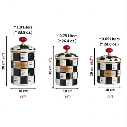 Fairturk Black and White Checkerboard Enamel Canister Set with Red Knob, 3-Piece Cylindrical Food Storage Jars, Set of 3-33/26/24 oz