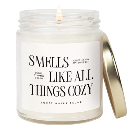 Sweet Water Decor Smells Like All Things Cozy Candle, Orange Cinnamon Ginger Clove Scent, 9oz Soy Candle with Gold Lid, Non-Toxic, Fall & Winter Christmas & Housewarming Gift, 40+ Burn Time