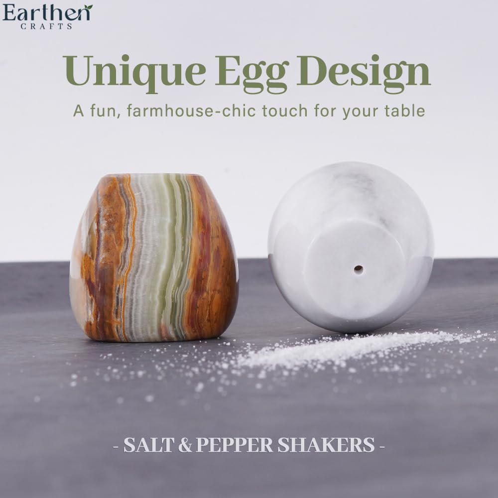 Earthen Crafts Marble Salt and Pepper Shakers Set of 2 Green Onyx & White 2.3" Inches Salt & Pepper Storage Container, Spice Dispenser for Dining Table Countertop Accessory, Kitchen, Home, Restaurant