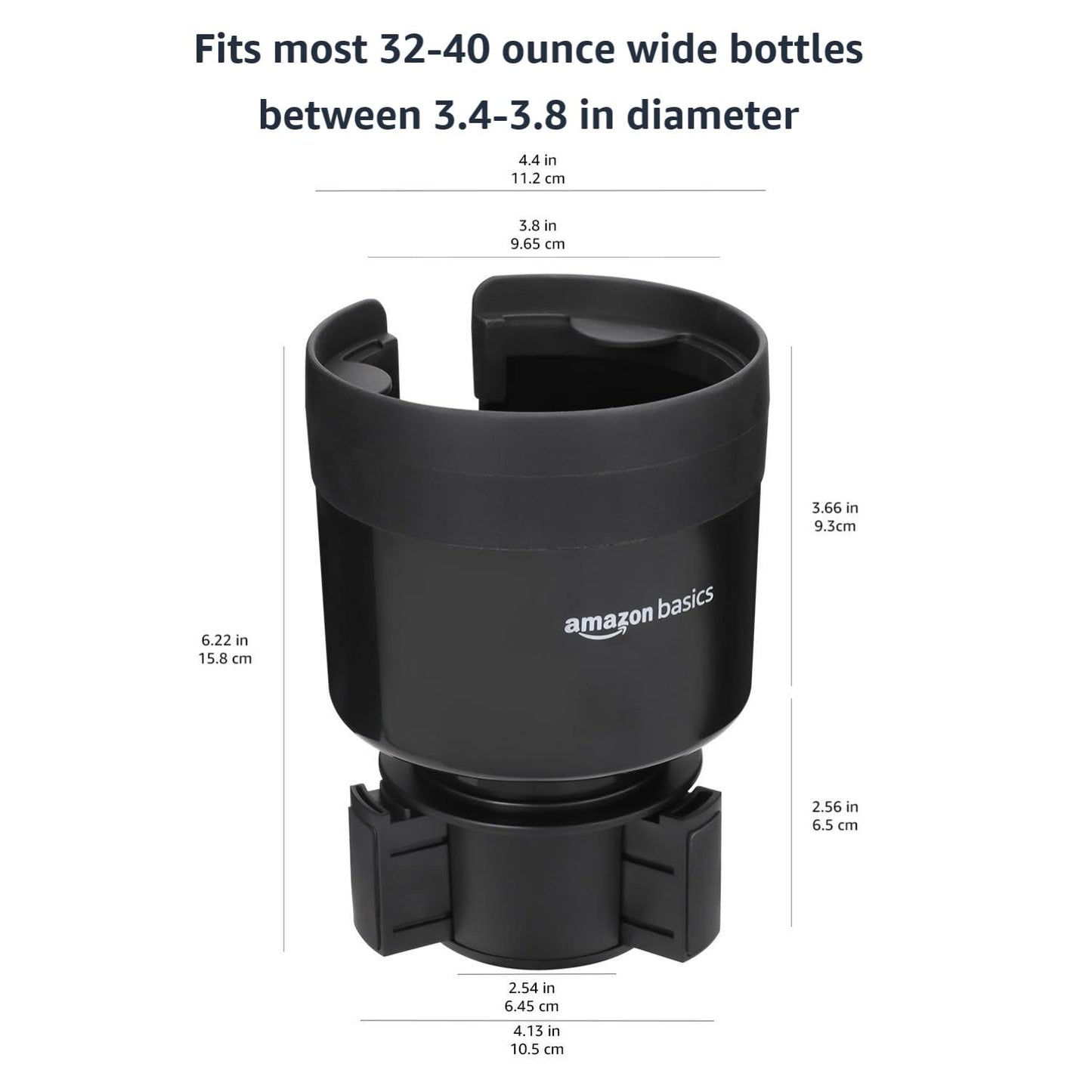 Amazon Basics Car Cup Holder Expander with Adjustable Base, Fits Large Bottles 3.4 to 3.8 in Diameter, Securely Holds Yeti, Hydro Flask and More, Black